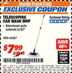 Harbor Freight ITC Coupon TELESCOPING CAR WASH MOP Lot No. 60587 Expired: 8/31/18 - $7.99