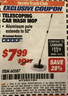 Harbor Freight ITC Coupon TELESCOPING CAR WASH MOP Lot No. 60587 Expired: 5/31/19 - $7.99