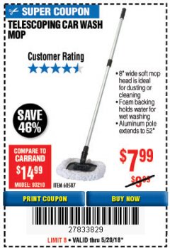Harbor Freight Coupon TELESCOPING CAR WASH MOP Lot No. 60587 Expired: 5/20/18 - $7.99