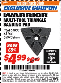 Harbor Freight ITC Coupon MULTI-TOOL TRIANGLE SANDING PAD Lot No. 61830/68970 Expired: 7/31/18 - $4.99
