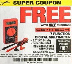 Harbor Freight FREE Coupon 7 FUNCTION DIGITAL MULTIMETER Lot No. 30756 Expired: 3/4/19 - FWP