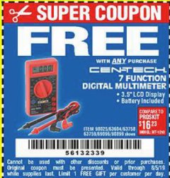 Harbor Freight FREE Coupon 7 FUNCTION DIGITAL MULTIMETER Lot No. 30756 Expired: 8/5/19 - FWP
