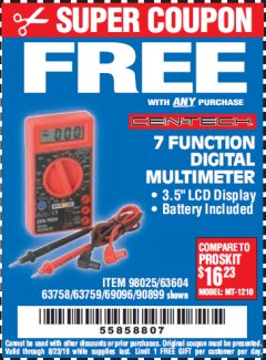 Harbor Freight FREE Coupon 7 FUNCTION DIGITAL MULTIMETER Lot No. 30756 Expired: 8/23/19 - FWP