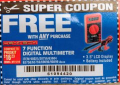Harbor Freight FREE Coupon 7 FUNCTION DIGITAL MULTIMETER Lot No. 30756 Expired: 10/1/19 - FWP
