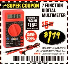 Harbor Freight Coupon 7 FUNCTION DIGITAL MULTIMETER Lot No. 30756 Expired: 3/31/19 - $1.79