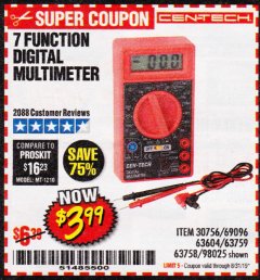 Harbor Freight Coupon 7 FUNCTION DIGITAL MULTIMETER Lot No. 30756 Expired: 8/31/19 - $3.99