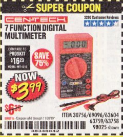 Harbor Freight Coupon 7 FUNCTION DIGITAL MULTIMETER Lot No. 30756 Expired: 11/30/19 - $3.99