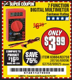 Harbor Freight Coupon 7 FUNCTION DIGITAL MULTIMETER Lot No. 30756 Expired: 12/14/19 - $3.99