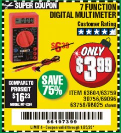Harbor Freight Coupon 7 FUNCTION DIGITAL MULTIMETER Lot No. 30756 Expired: 1/25/20 - $3.99