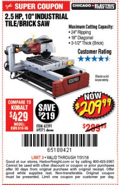 Harbor Freight Coupon 2.5 HP, 10" TILE/BRICK SAW Lot No. 69275/62391/95385 Expired: 7/31/18 - $209.99