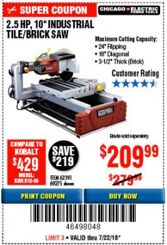 Harbor Freight Coupon 2.5 HP, 10" TILE/BRICK SAW Lot No. 69275/62391/95385 Expired: 7/22/18 - $209.99