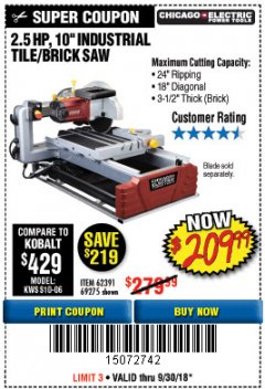 Harbor Freight Coupon 2.5 HP, 10" TILE/BRICK SAW Lot No. 69275/62391/95385 Expired: 9/30/18 - $209.99