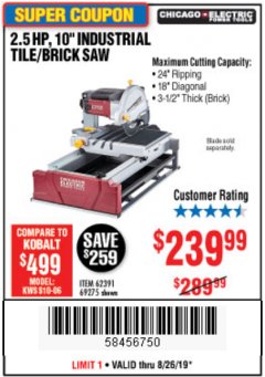 Harbor Freight Coupon 2.5 HP, 10" TILE/BRICK SAW Lot No. 69275/62391/95385 Expired: 8/26/19 - $239.99
