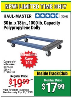 Harbor Freight ITC Coupon 30" x 18" STEEL REINFORCED MOVER'S DOLLY Lot No. 61167/69566/93525 Expired: 11/25/20 - $17.99