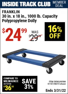 Harbor Freight ITC Coupon 30" x 18" STEEL REINFORCED MOVER'S DOLLY Lot No. 61167/69566/93525 Expired: 3/31/22 - $24.99