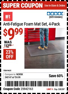 Harbor Freight Coupon HFT ANTI-FATIGUE FOAM MAT SET, 4-PACK Lot No. 94635 Valid Thru: 3/8/26 - $9.99