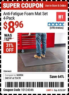 Harbor Freight Coupon HFT ANTI-FATIGUE FOAM MAT SET, 4-PACK Lot No. 94635 Expired: 8/23/26 - $8.96