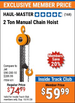 Harbor Freight ITC Coupon HAUL-MASTER 2 TON MANUAL CHAIN HOIST Lot No. 631 Expired: 10/31/20 - $59.99