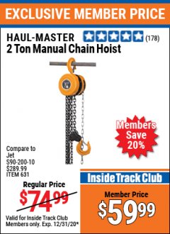 Harbor Freight ITC Coupon HAUL-MASTER 2 TON MANUAL CHAIN HOIST Lot No. 631 Expired: 12/31/20 - $59.99