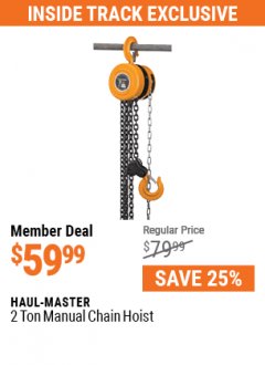 Harbor Freight Coupon HAUL-MASTER 2 TON MANUAL CHAIN HOIST Lot No. 631 Expired: 7/1/21 - $59.99