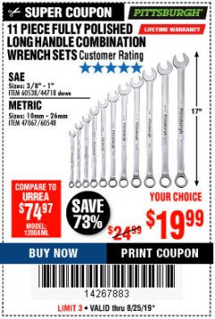 Harbor Freight Coupon 11 PIECE FULLY POLISHED LONG HANDLE COMBINATION WRENCH SETS Lot No. 44718/60538/47067/60548 Expired: 8/25/19 - $19.99