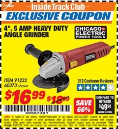 Harbor Freight ITC Coupon 4" HEAVY DUTY ANGLE GRINDER Lot No. 60373/91222 Expired: 12/31/18 - $16.99