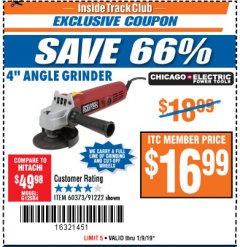 Harbor Freight ITC Coupon 4" HEAVY DUTY ANGLE GRINDER Lot No. 60373/91222 Expired: 1/9/19 - $16.99