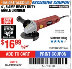 Harbor Freight ITC Coupon 4" HEAVY DUTY ANGLE GRINDER Lot No. 60373/91222 Expired: 9/3/19 - $16.99