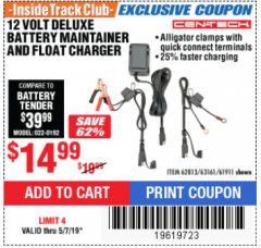 Harbor Freight ITC Coupon 12 VOLT DELUXE BATTERY MAINTAINER AND FLOAT CHARGER Lot No. 63161/62813 Expired: 5/7/19 - $14.99