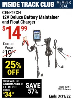 Harbor Freight ITC Coupon CEN-TECH 12V DELUXE BATTERY MAINTAINER AND FLOAT CHARGER Lot No. 62813 Expired: 3/31/22 - $14.99