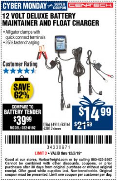Harbor Freight Coupon CEN-TECH 12V DELUXE BATTERY MAINTAINER AND FLOAT CHARGER Lot No. 62813 Expired: 12/2/19 - $14.99