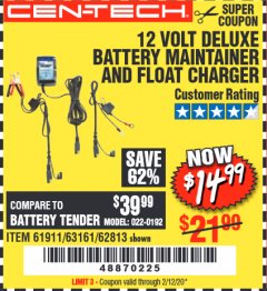 Harbor Freight Coupon CEN-TECH 12V DELUXE BATTERY MAINTAINER AND FLOAT CHARGER Lot No. 62813 Expired: 2/12/20 - $14.99