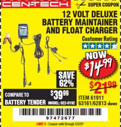 Harbor Freight Coupon CEN-TECH 12V DELUXE BATTERY MAINTAINER AND FLOAT CHARGER Lot No. 62813 Expired: 2/3/20 - $14.99