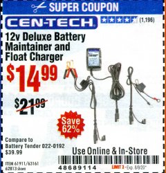 Harbor Freight Coupon CEN-TECH 12V DELUXE BATTERY MAINTAINER AND FLOAT CHARGER Lot No. 62813 Expired: 8/8/20 - $14.99