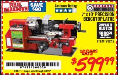 Harbor Freight Coupon 7" x 10" PRECISION LATHE Lot No. 93212 Expired: 3/7/20 - $599.99