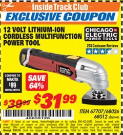 Harbor Freight ITC Coupon 12 VOLT LITHIUM-ION VARIABLE SPEED MULTIFUNCTION POWER TOOL Lot No. 67707/68012 Expired: 5/31/19 - $31.99