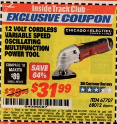 Harbor Freight ITC Coupon 12 VOLT LITHIUM-ION VARIABLE SPEED MULTIFUNCTION POWER TOOL Lot No. 67707/68012 Expired: 7/31/19 - $31.99