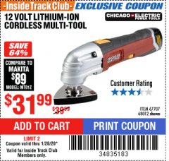 Harbor Freight ITC Coupon 12 VOLT LITHIUM-ION VARIABLE SPEED MULTIFUNCTION POWER TOOL Lot No. 67707/68012 Expired: 1/28/20 - $31.99