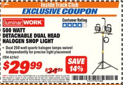 Harbor Freight ITC Coupon DETACHABLE DUAL HEAD HALOGEN SHOP LIGHT Lot No. 40123/62565 Expired: 7/31/18 - $29.99