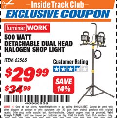 Harbor Freight ITC Coupon DETACHABLE DUAL HEAD HALOGEN SHOP LIGHT Lot No. 40123/62565 Expired: 11/30/18 - $29.99