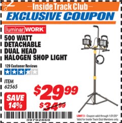Harbor Freight ITC Coupon DETACHABLE DUAL HEAD HALOGEN SHOP LIGHT Lot No. 40123/62565 Expired: 1/31/20 - $29.99