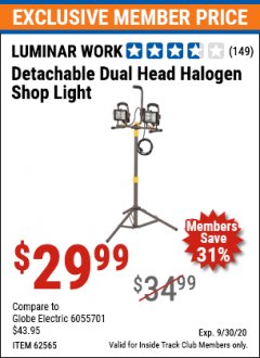 Harbor Freight ITC Coupon DETACHABLE DUAL HEAD HALOGEN SHOP LIGHT Lot No. 40123/62565 Expired: 9/30/20 - $29.99