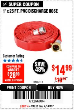 Harbor Freight Coupon 1-1/2" x 25 FT. PVC DISCHARGE HOSE Lot No. 95391 Expired: 4/14/19 - $14.99