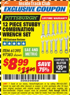 Harbor Freight ITC Coupon 12 PIECE SAE AND METRIC STUBBY COMBINATION WRENCH SET Lot No. 61395/97383 Expired: 3/31/19 - $8.99