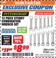 Harbor Freight ITC Coupon 12 PIECE SAE AND METRIC STUBBY COMBINATION WRENCH SET Lot No. 61395/97383 Expired: 2/29/20 - $8.99
