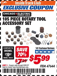 Harbor Freight ITC Coupon 105 PIECE ROTARY TOOL ACCESSORY SET Lot No. 47644 Expired: 9/30/19 - $5.99