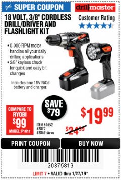 Harbor Freight Coupon 18 VOLT CORDLESS 3/8" DRILL/DRIVER AND FLASHLIGHT KIT Lot No. 68287/69652/62869/62872 Expired: 1/27/19 - $19.99