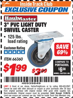 Harbor Freight ITC Coupon 3" PVC LIGHT DUTY SWIVEL CASTER Lot No. 41516/66360 Expired: 11/30/18 - $1.99