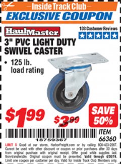 Harbor Freight ITC Coupon 3" PVC LIGHT DUTY SWIVEL CASTER Lot No. 41516/66360 Expired: 4/14/19 - $1.99