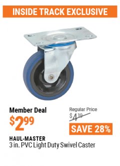 Harbor Freight ITC Coupon HAUL-MASTER 3 IN. PVC SWIVEL CASTER Lot No. 66360 Expired: 4/29/21 - $2.99
